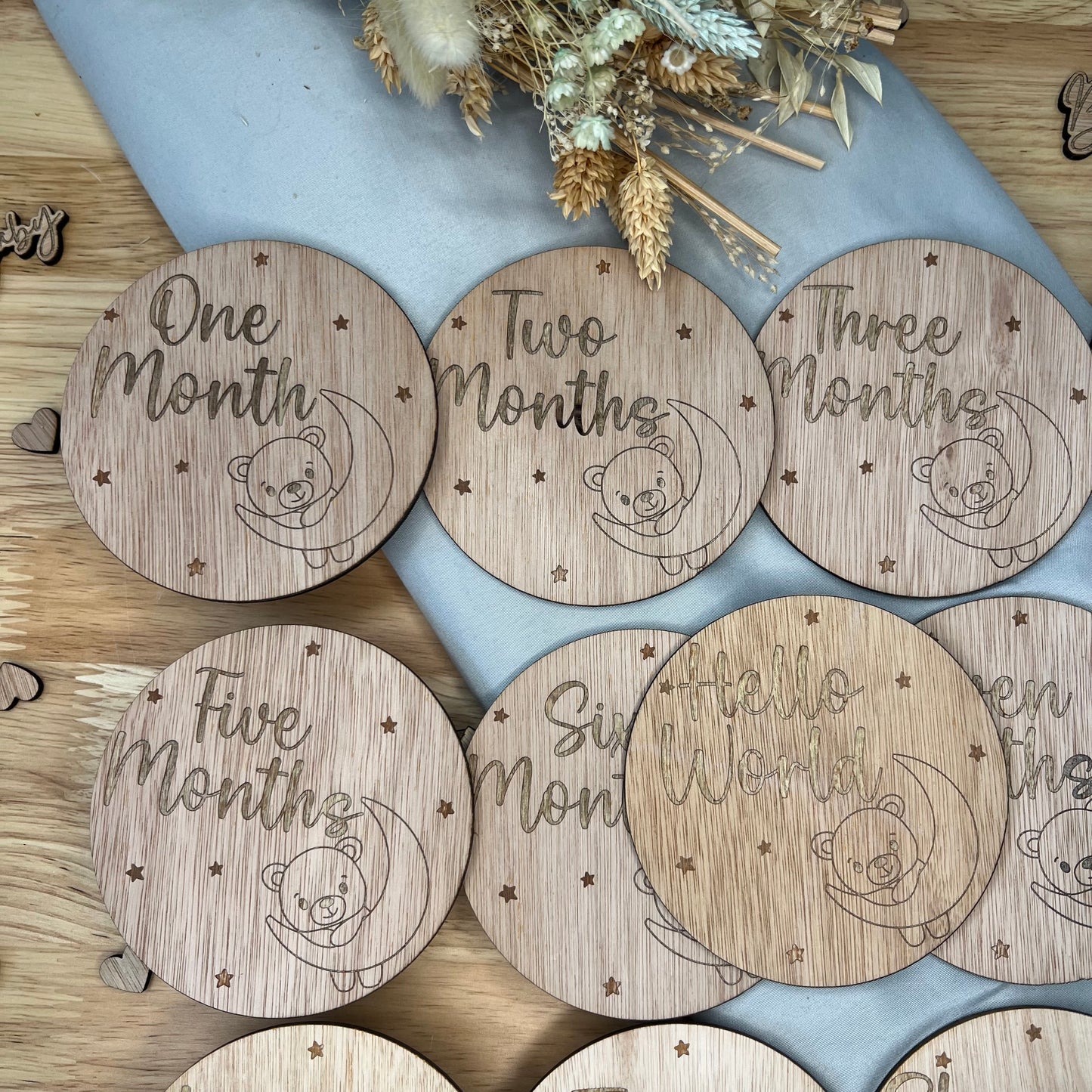 Baby Teddy Circle Milestone Wooden Disks - Hello World to One Year