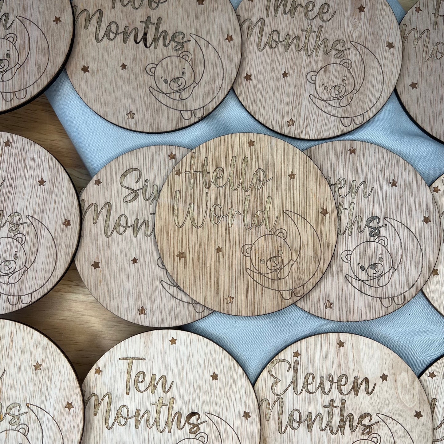 Baby Teddy Circle Milestone Wooden Disks - Hello World to One Year