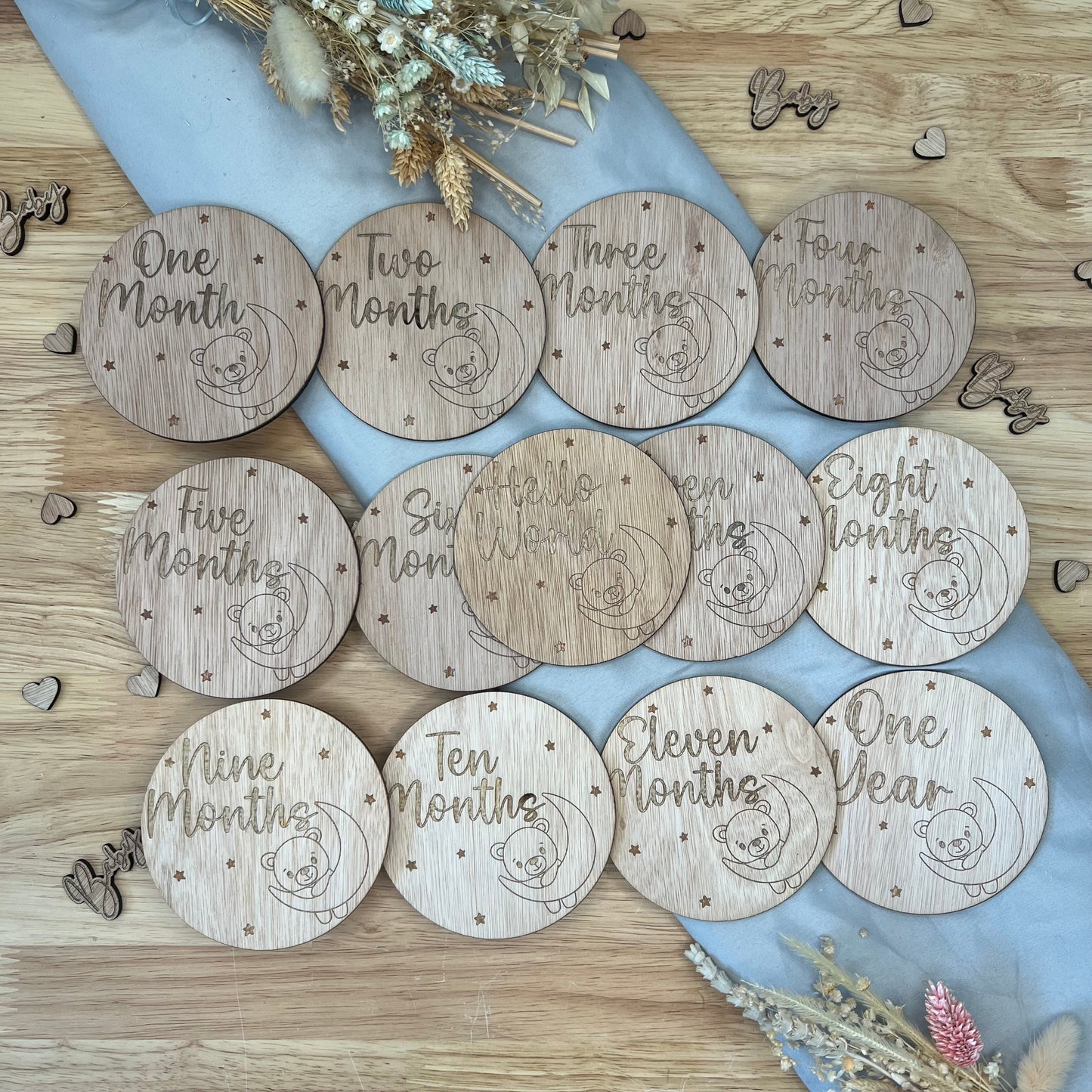 Baby Teddy Circle Milestone Wooden Disks - Hello World to One Year