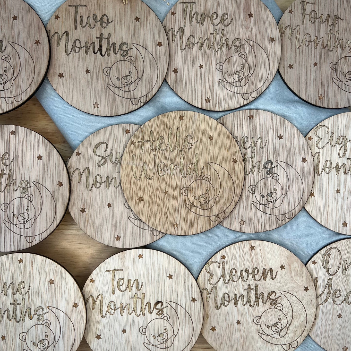 Baby Teddy Circle Milestone Wooden Disks - Hello World to One Year