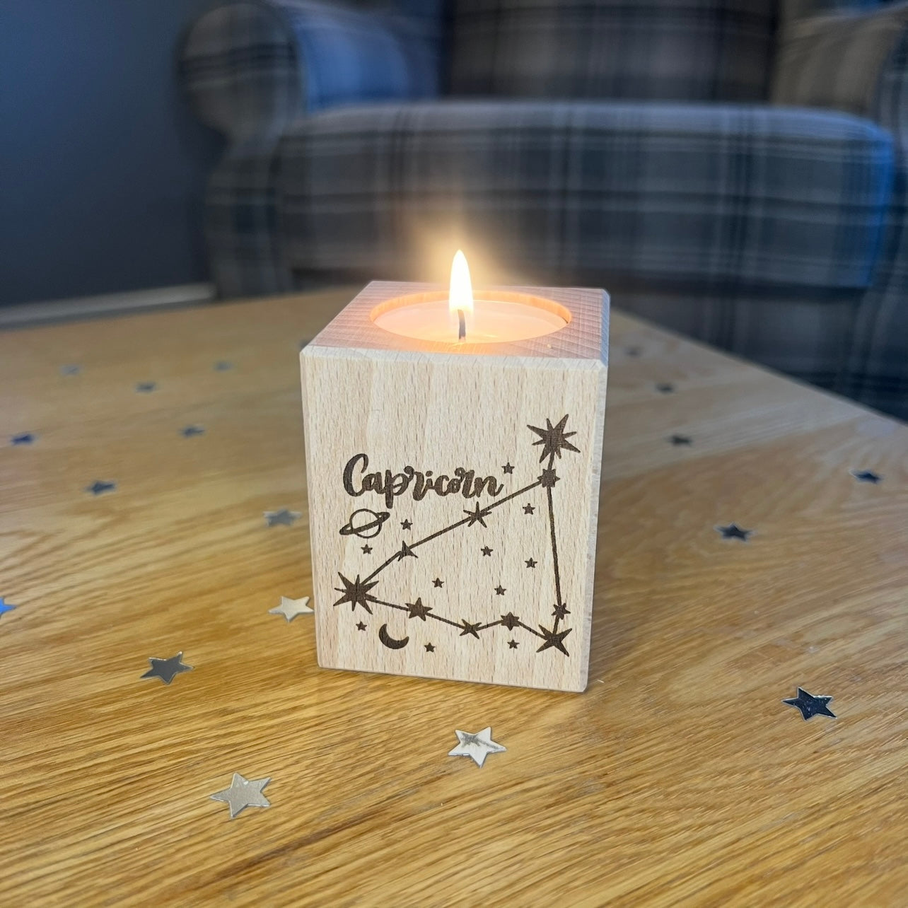 Personalised Zodiac Sign Candle - Short Wooden Tea Light Holder