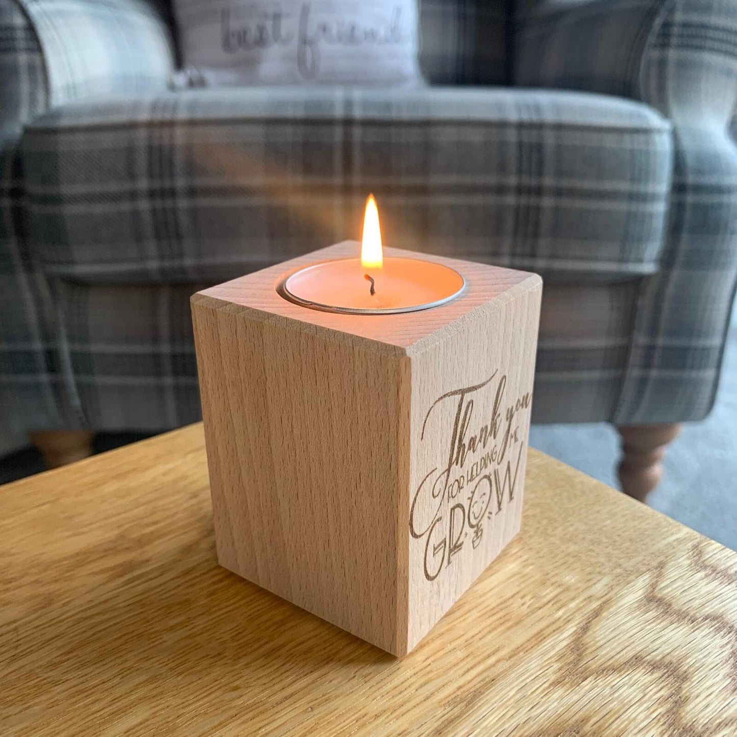 Thank You For Helping Me Grow - Short Wooden Tea Light Holder
