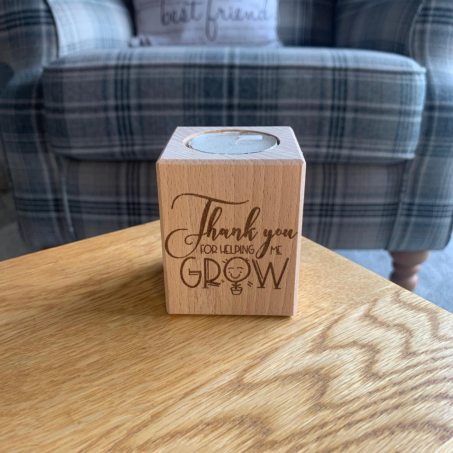 Thank You For Helping Me Grow - Short Wooden Tea Light Holder