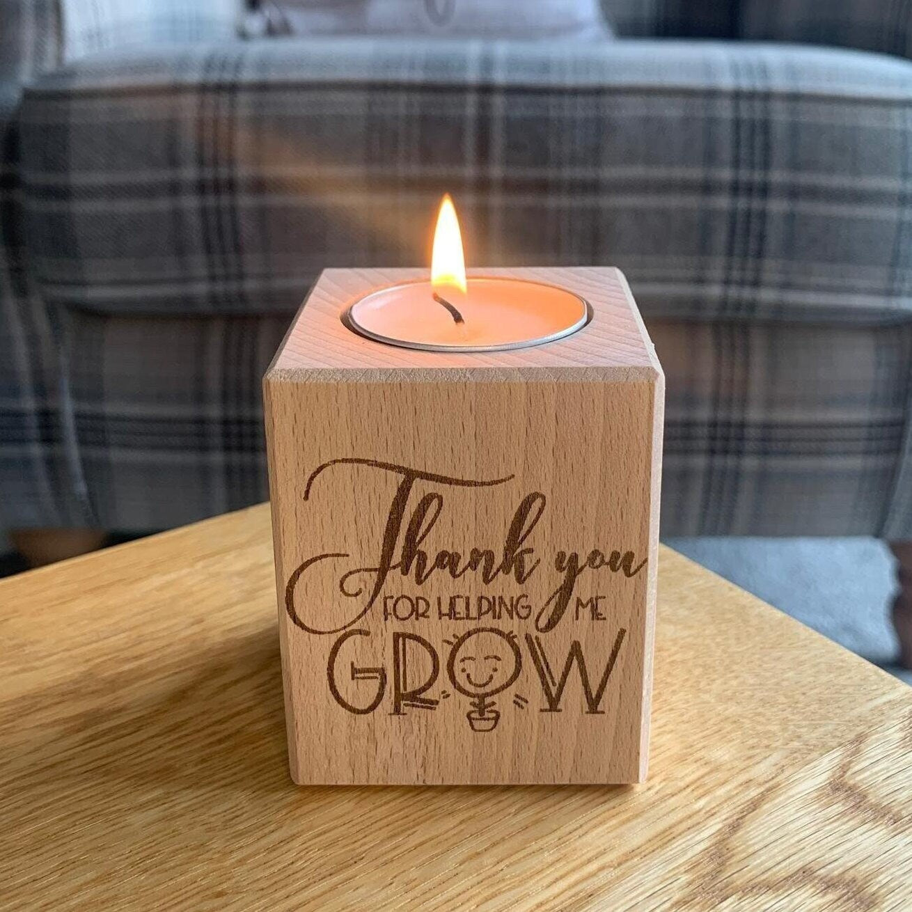 Thank You For Helping Me Grow - Short Wooden Tea Light Holder