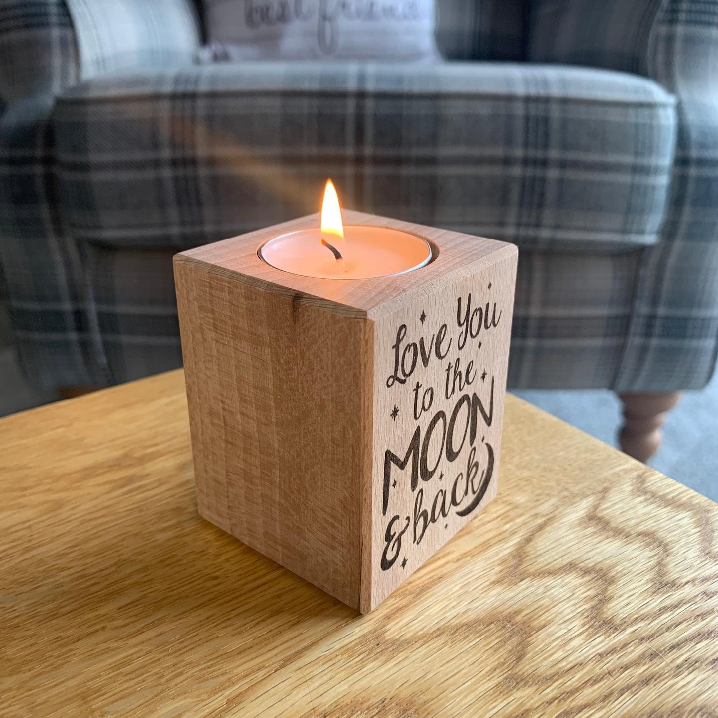 Love You To The Moon & Back - Short Wooden Tea Light Holder