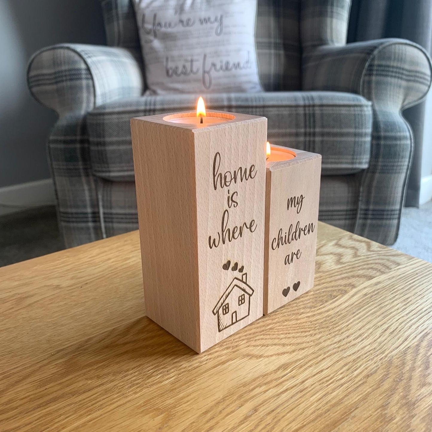 Set Of Two Wooden Tea Light Holder - Home Is Where My Children Are