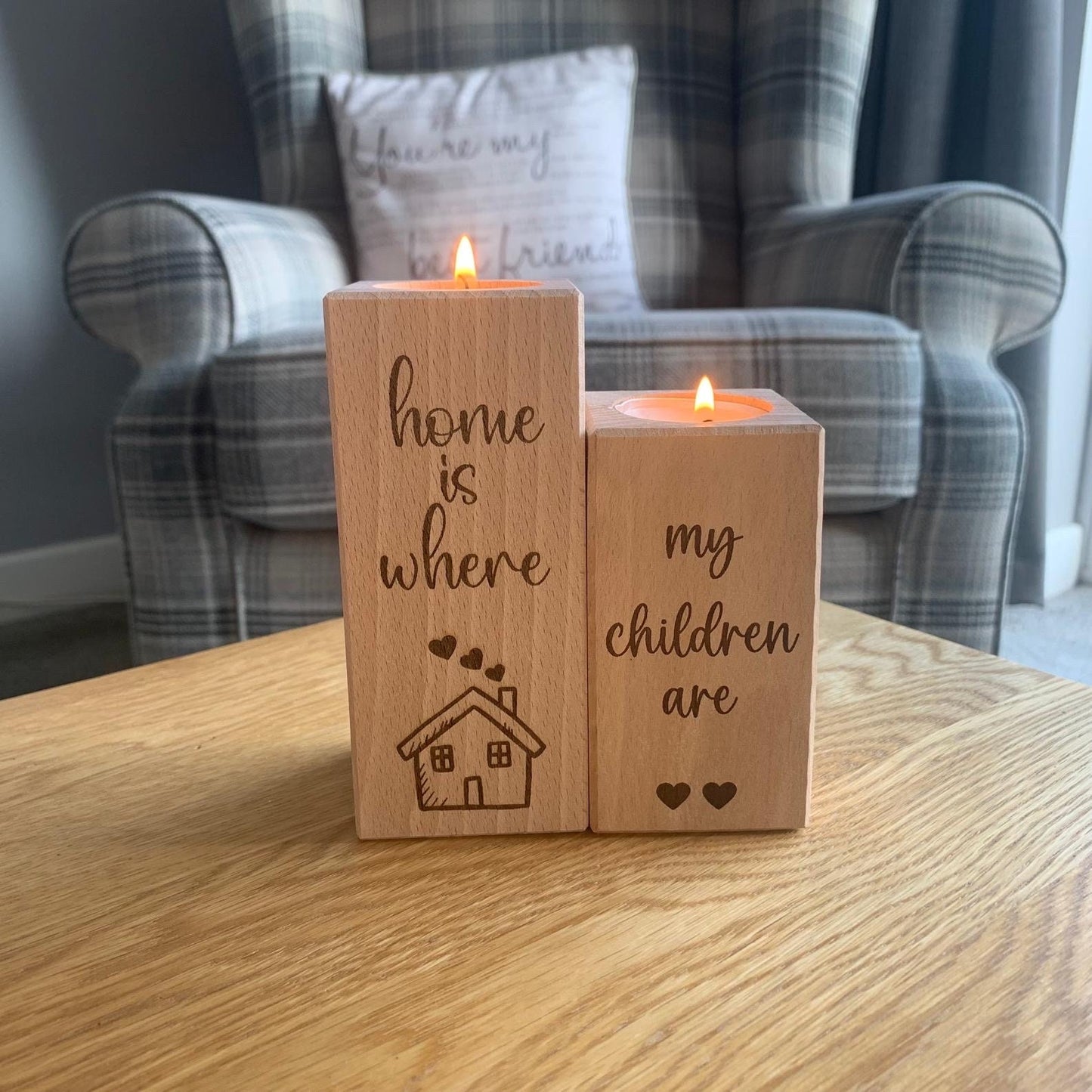 Set Of Two Wooden Tea Light Holder - Home Is Where My Children Are