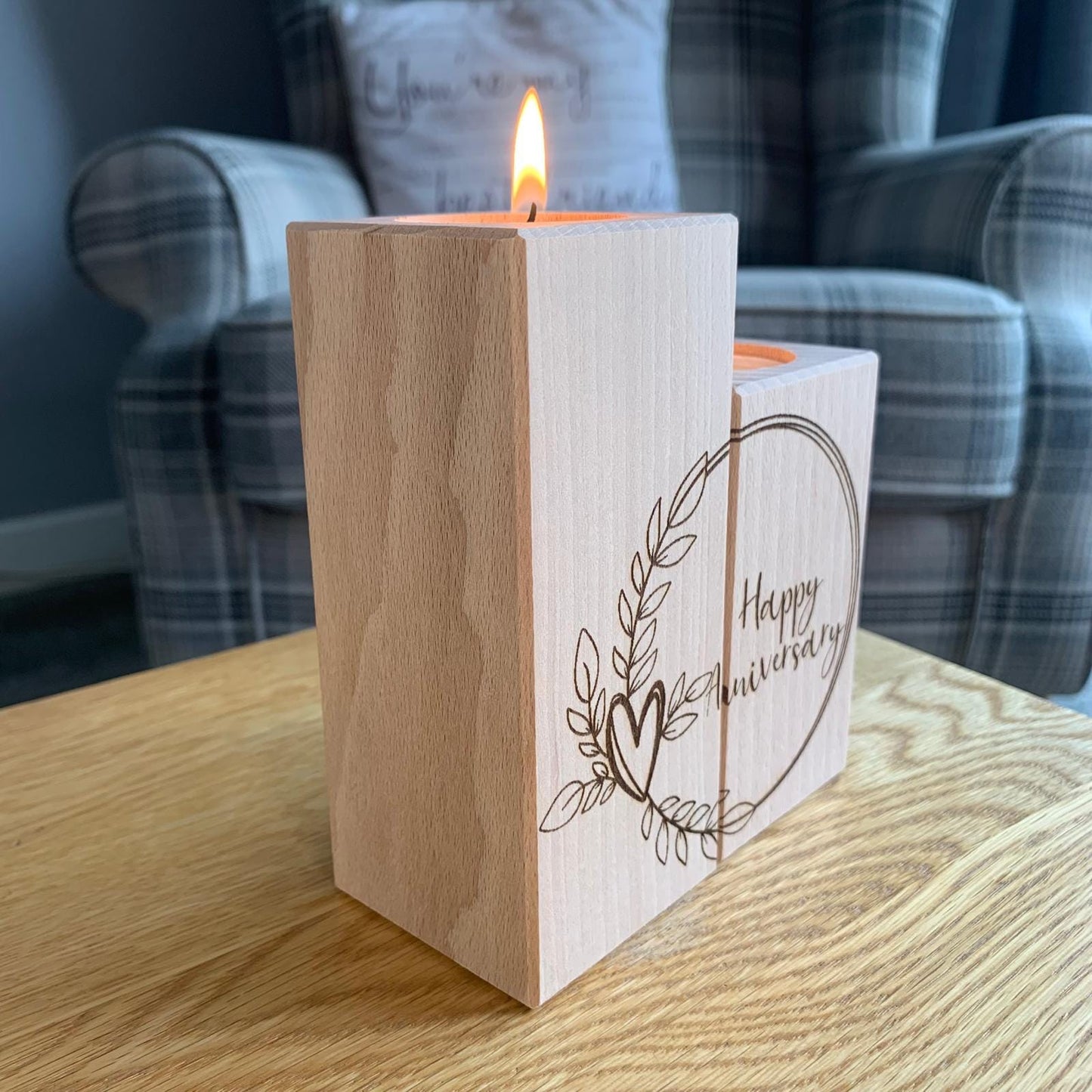 Set Of Two Wooden Tea Light Holder - Happy Anniversary - Circle
