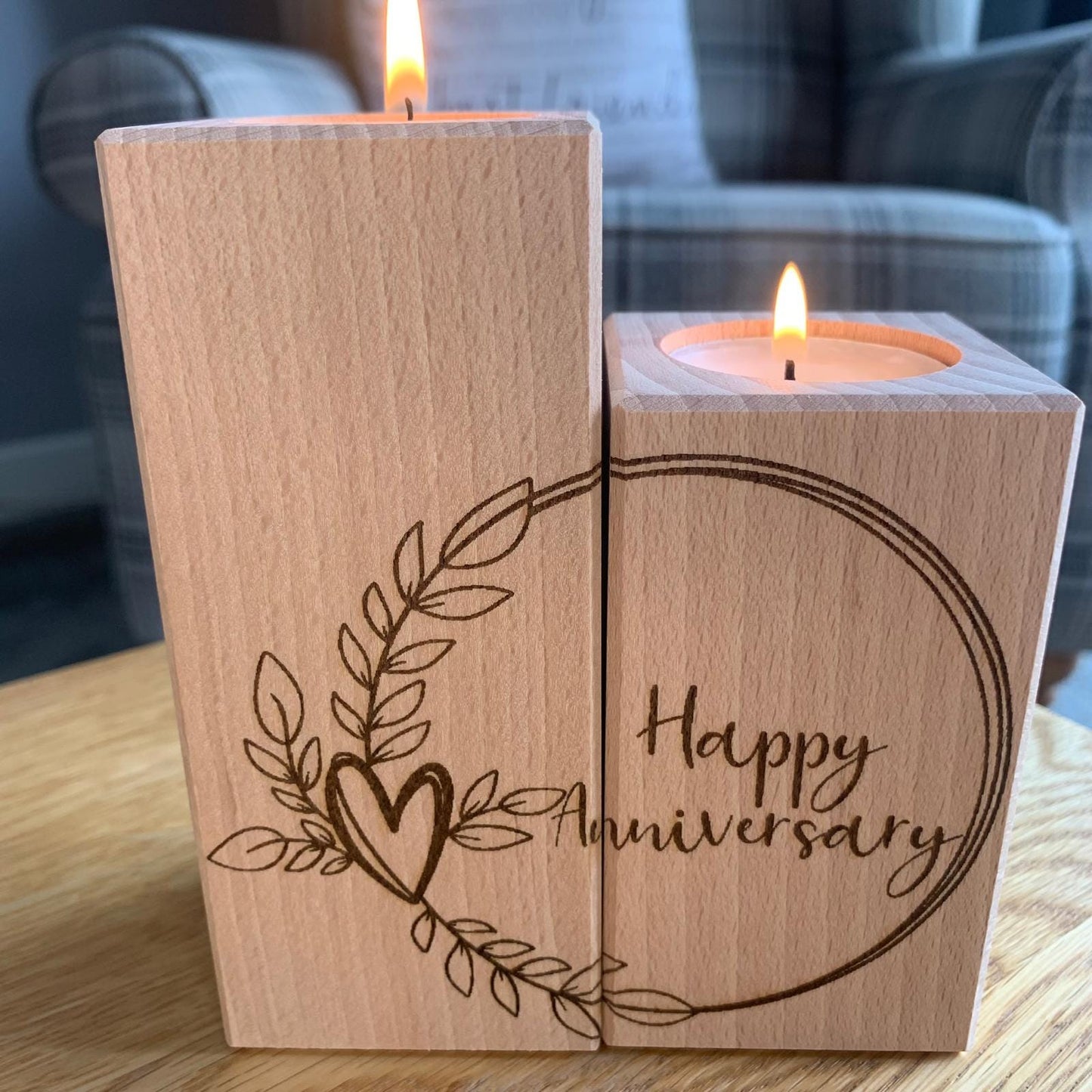Set Of Two Wooden Tea Light Holder - Happy Anniversary - Circle