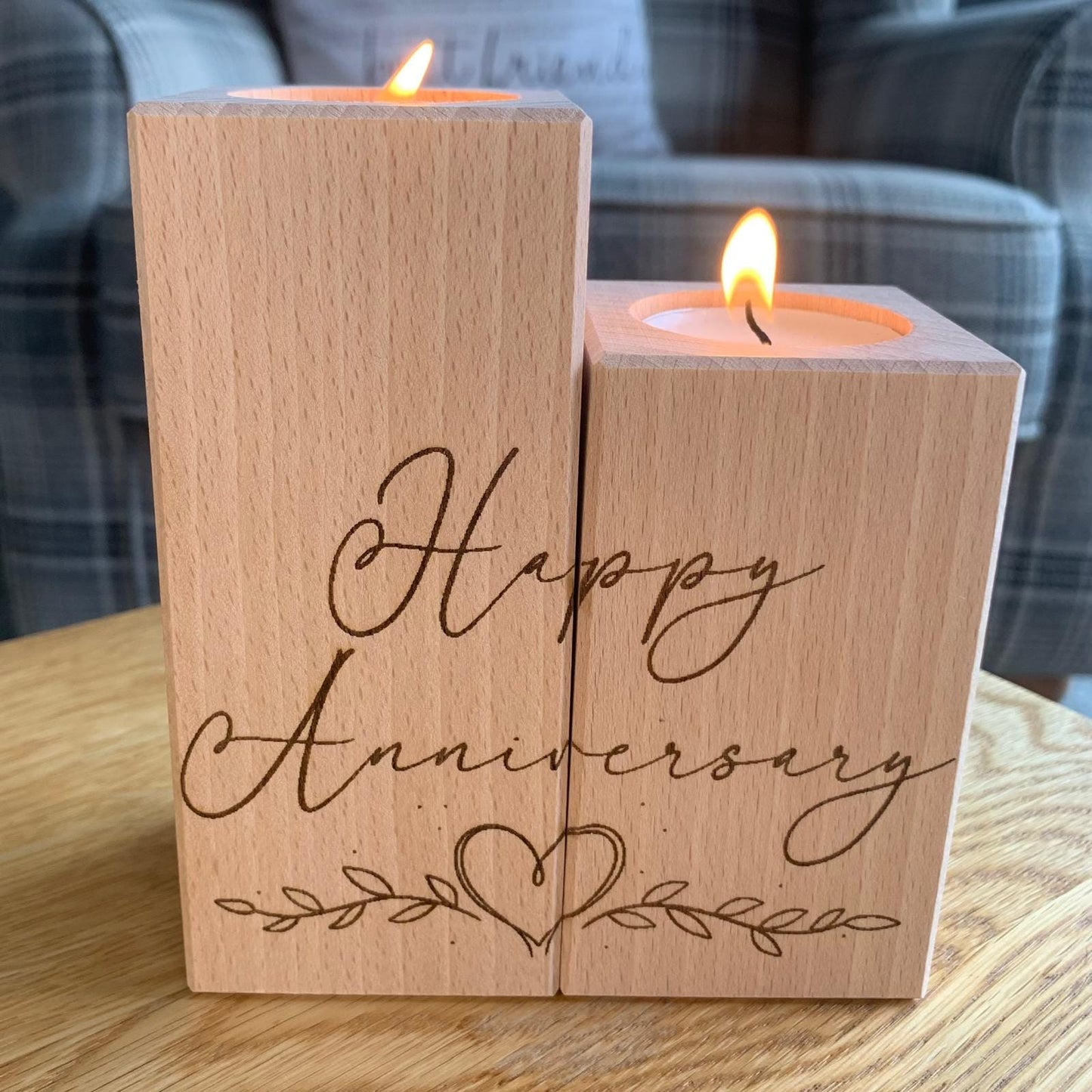 Set Of Two Wooden Tea Light Holder - Happy Anniversary