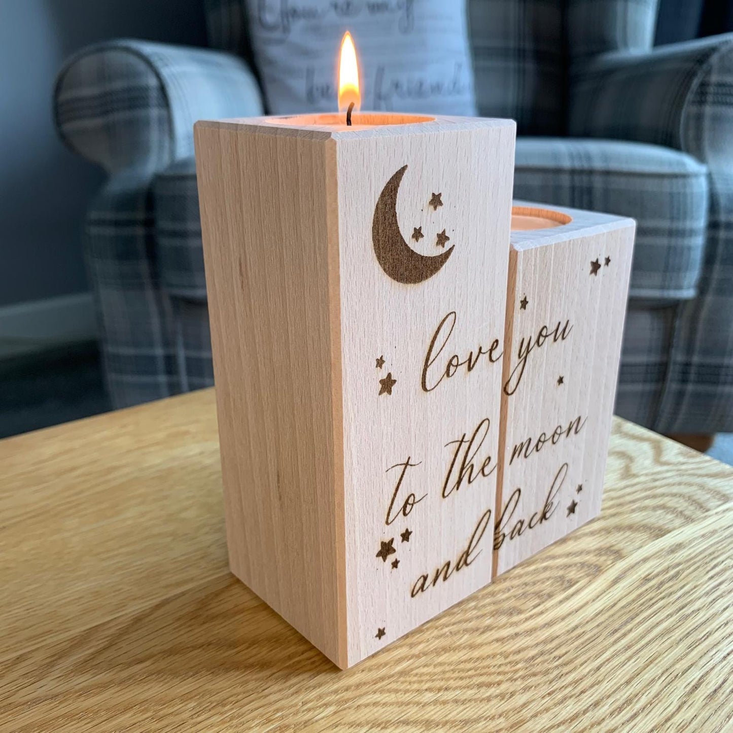 Set Of Two Wooden Tea Light Holder - Love You To The Moon and Back