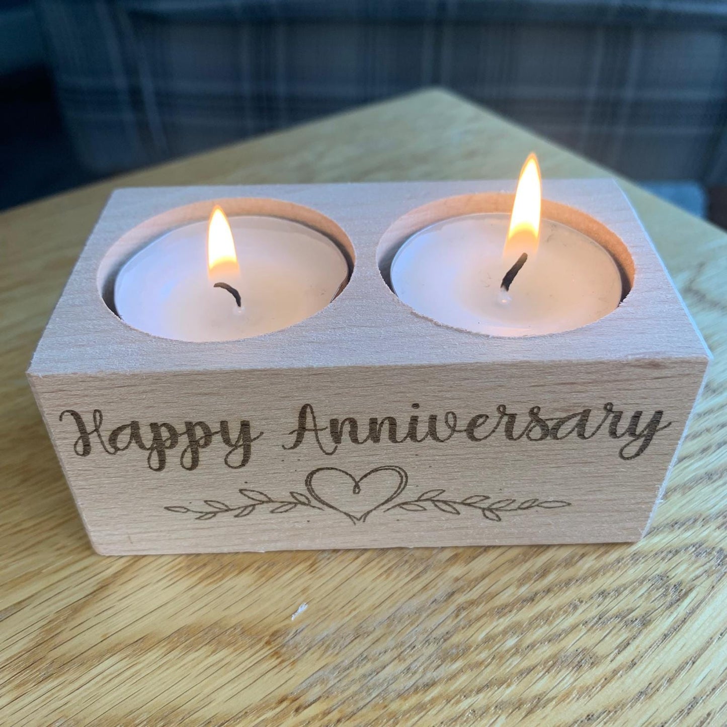 Happy Anniversary - Wooden Two Tea Light Holder