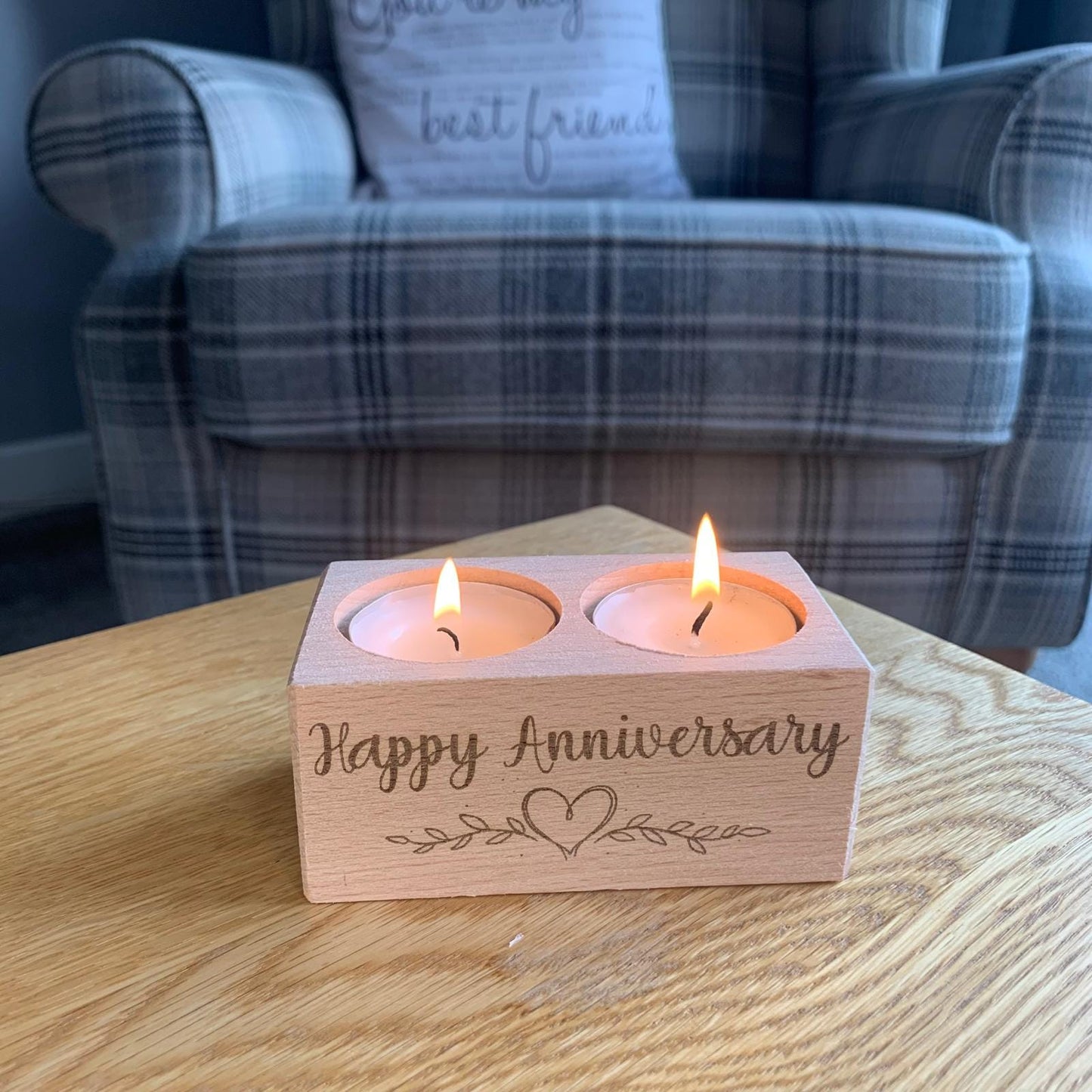 Happy Anniversary - Wooden Two Tea Light Holder