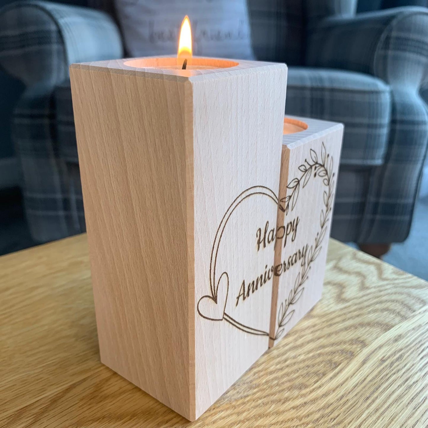 Set Of Two Wooden Tea Light Holder - Happy Anniversary - Heart