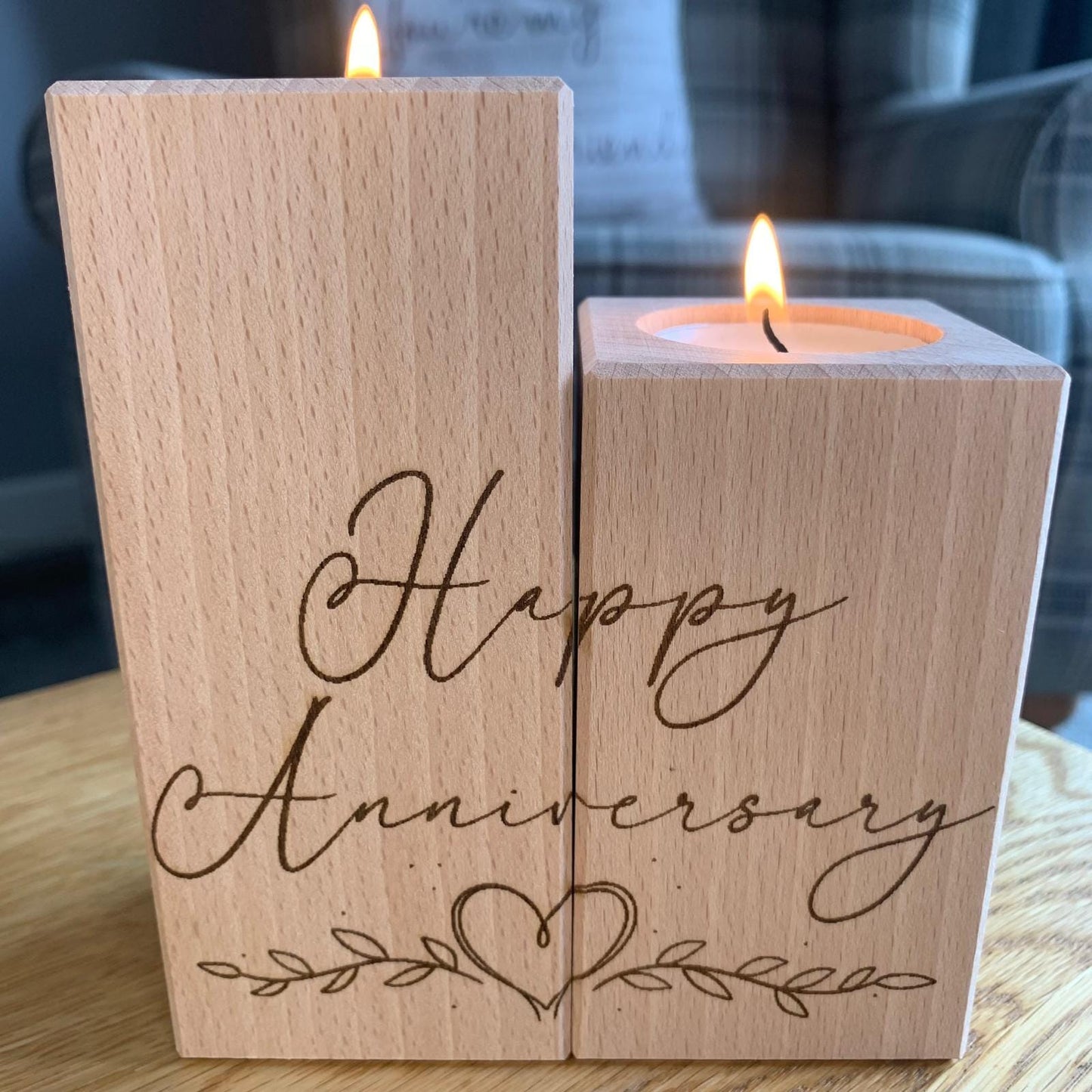 Set Of Two Wooden Tea Light Holder - Happy Anniversary