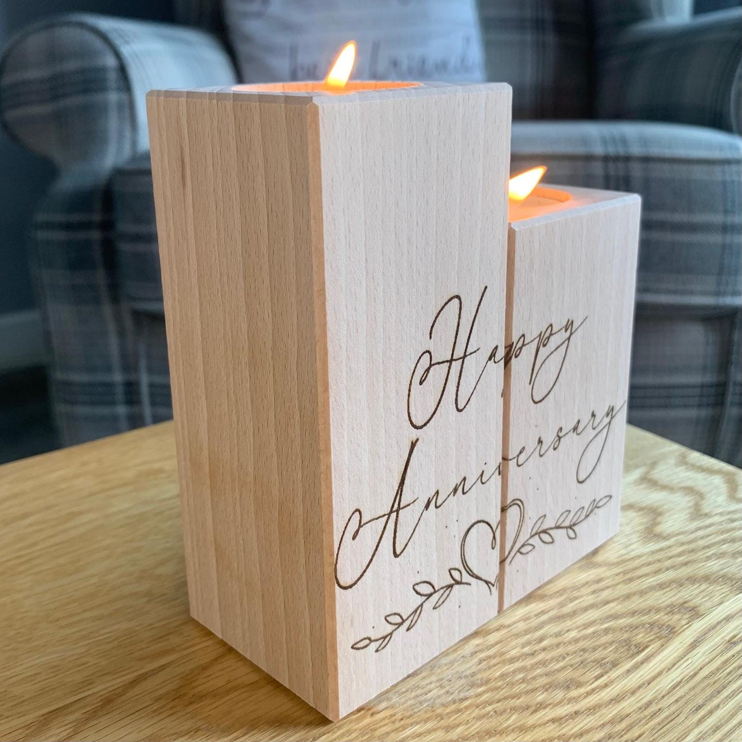 Set Of Two Wooden Tea Light Holder - Happy Anniversary