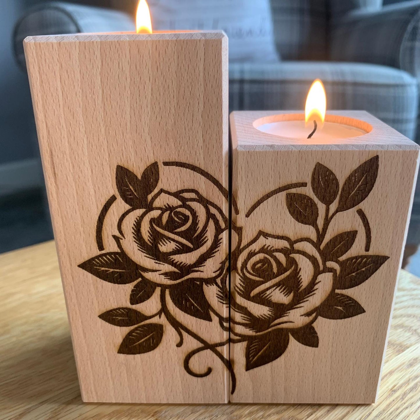Set Of Two Wooden Tea Light Holder - Roses In Heart