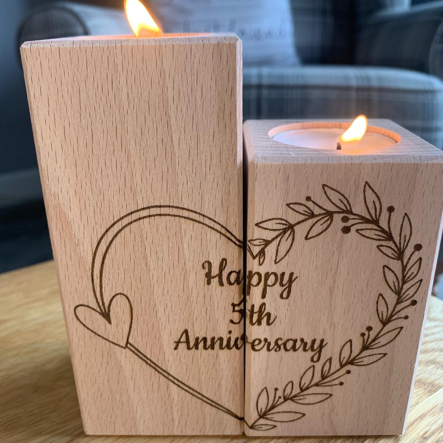 Set Of Two Wooden Tea Light Holder - Happy 5th Anniversary - Heart