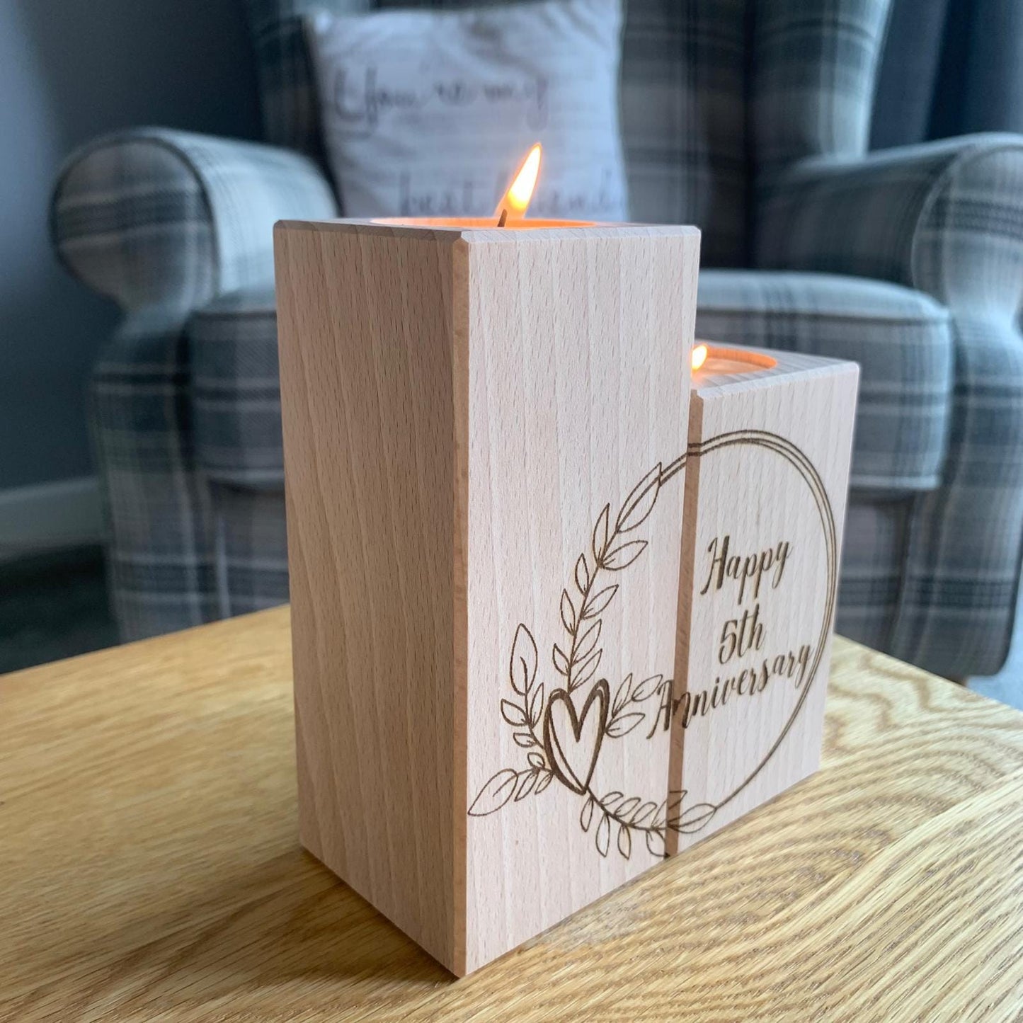 Set Of Two Wooden Tea Light Holder - Happy 5th Anniversary - Circle