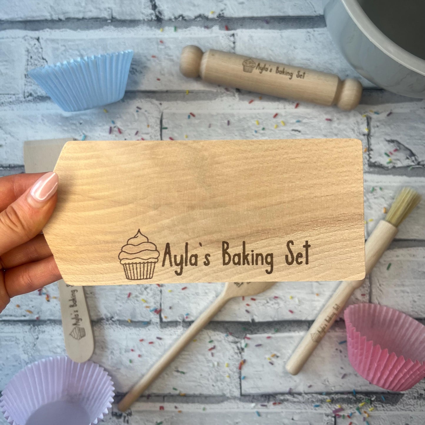 Children's Personalised Mini Wooden Baking Set With Personalised Apron