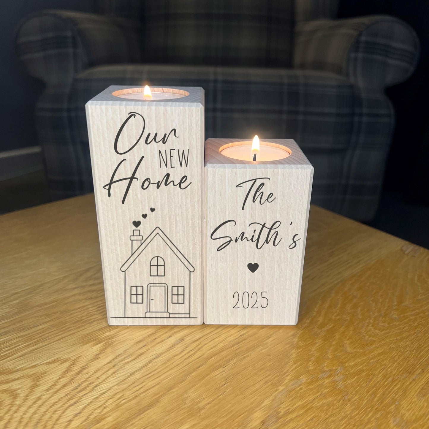 Set Of Wooden Tea Light Holders - Personalised New/First Home Gift