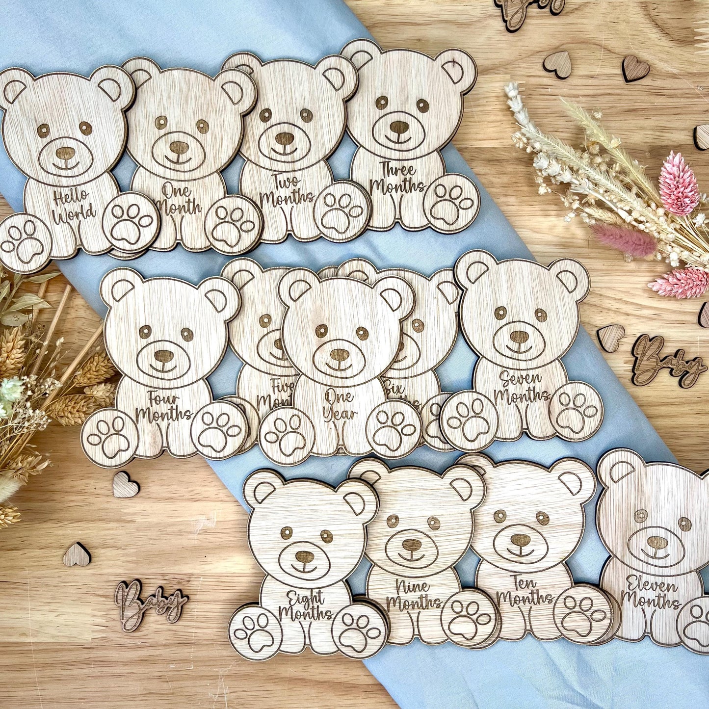 Baby Teddy Milestone Wooden Disks - Hello World to One Year
