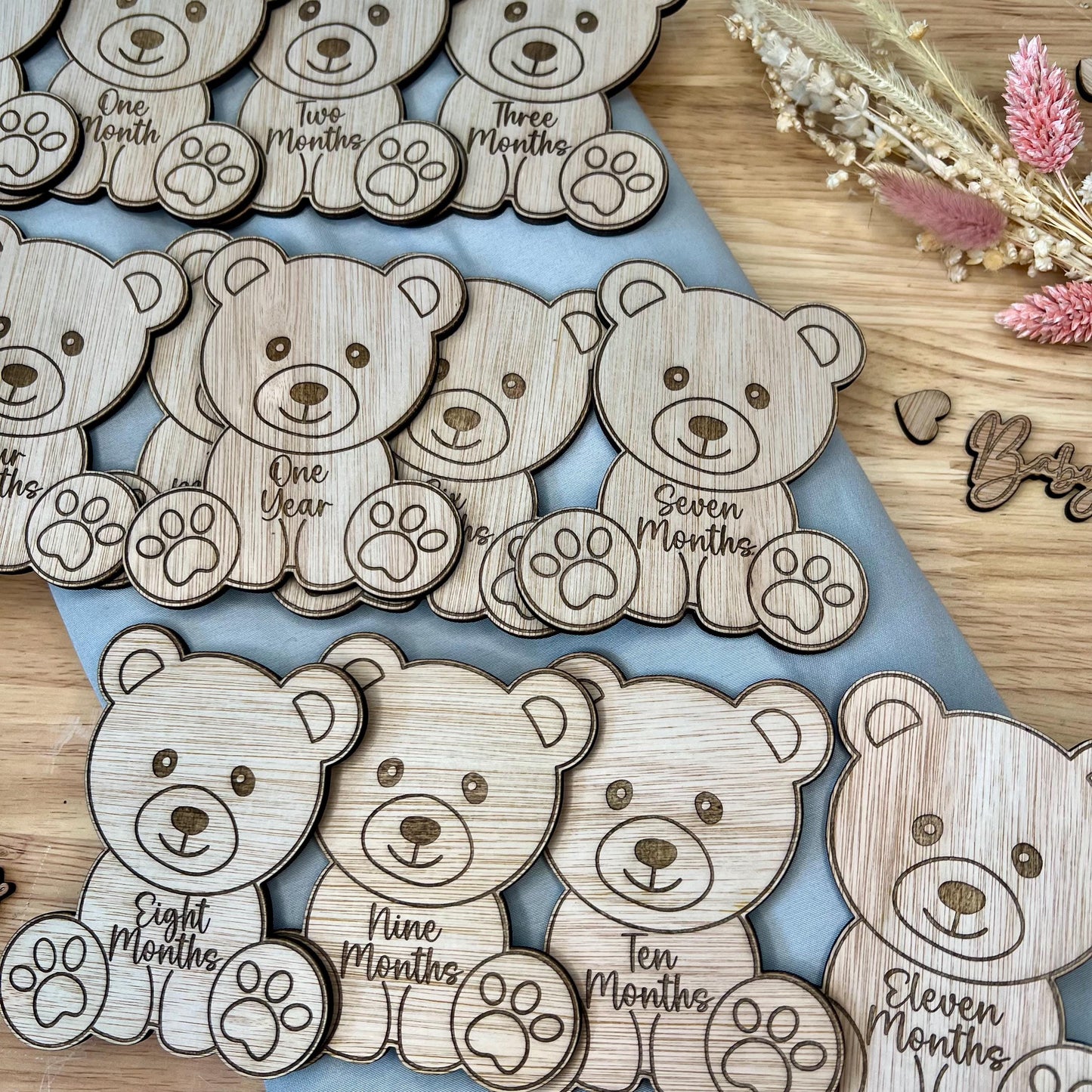 Baby Teddy Milestone Wooden Disks - Hello World to One Year