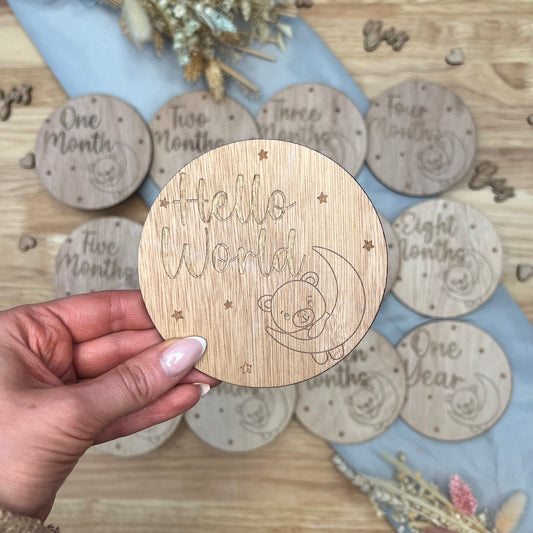 Baby Teddy Circle Milestone Wooden Disks - Hello World to One Year