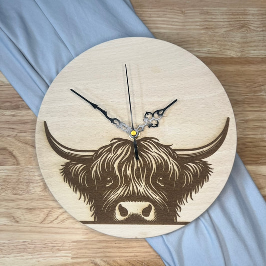 Wooden Clock - Peeking Highland Cow
