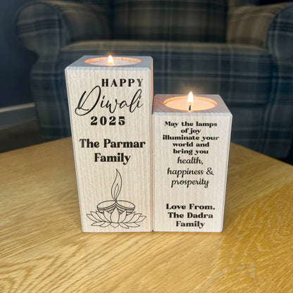 Set Of Wooden Tea Light Holders - Happy Diwali 2025 Personalised