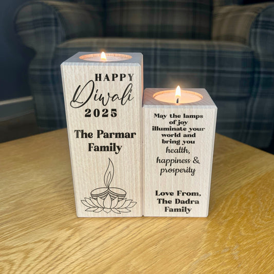 Set Of Wooden Tea Light Holders - Happy Diwali 2025 Personalised