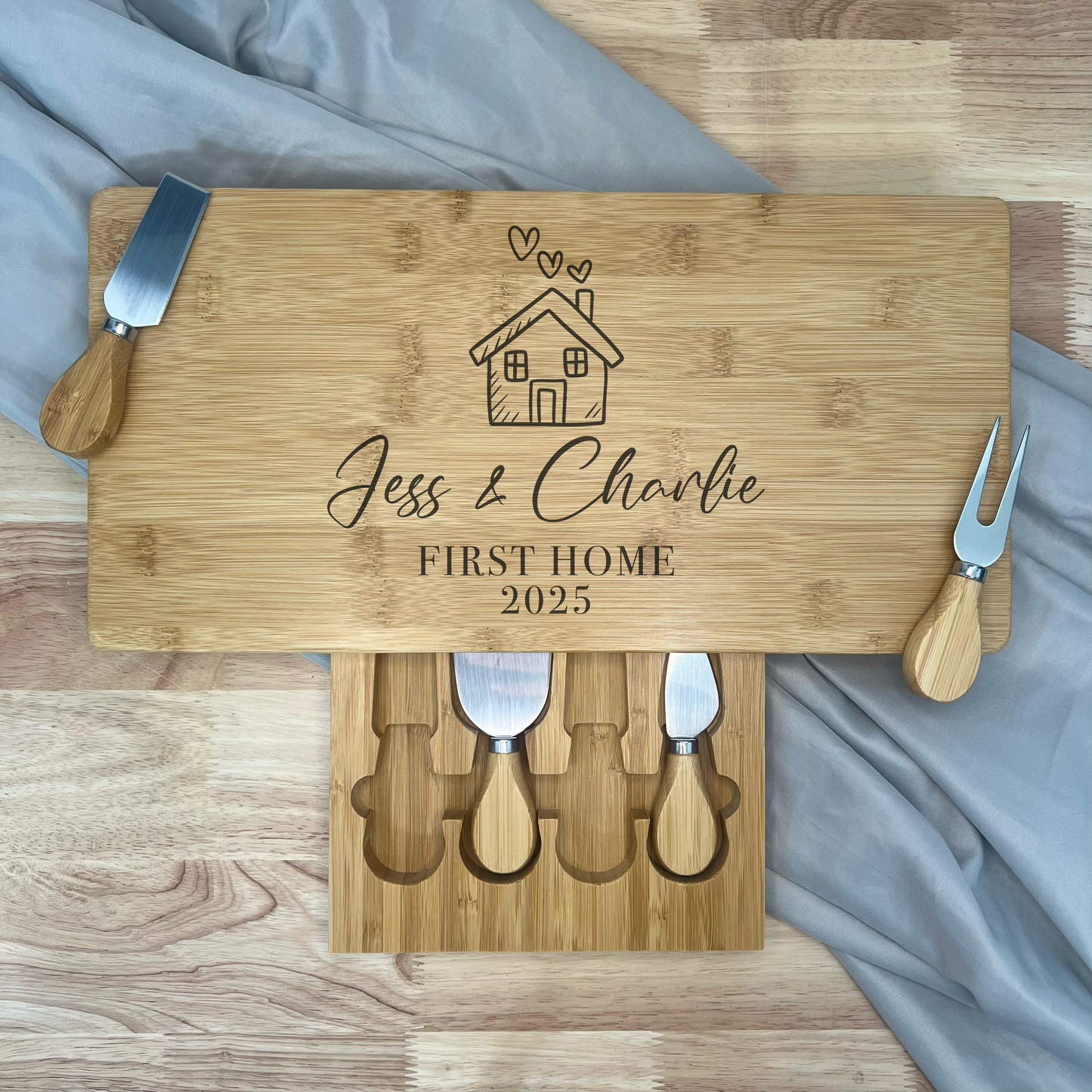 Personalised Rectangle Cheese Board Set - First House