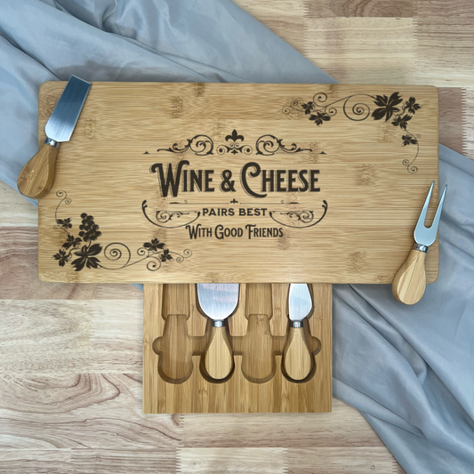 Rectangle Cheese Board Gift Set - Wine & Cheese Pairs Best With Good Friends
