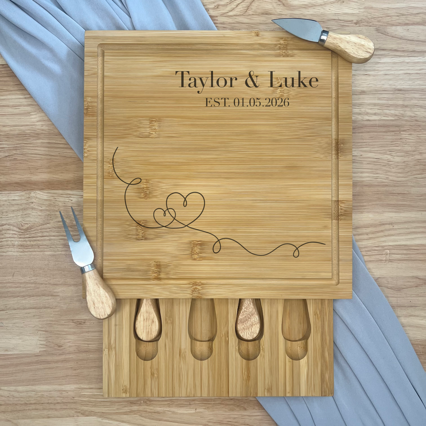 Square Personalised Cheese Board Set - Various Anniversary/Wedding Designs