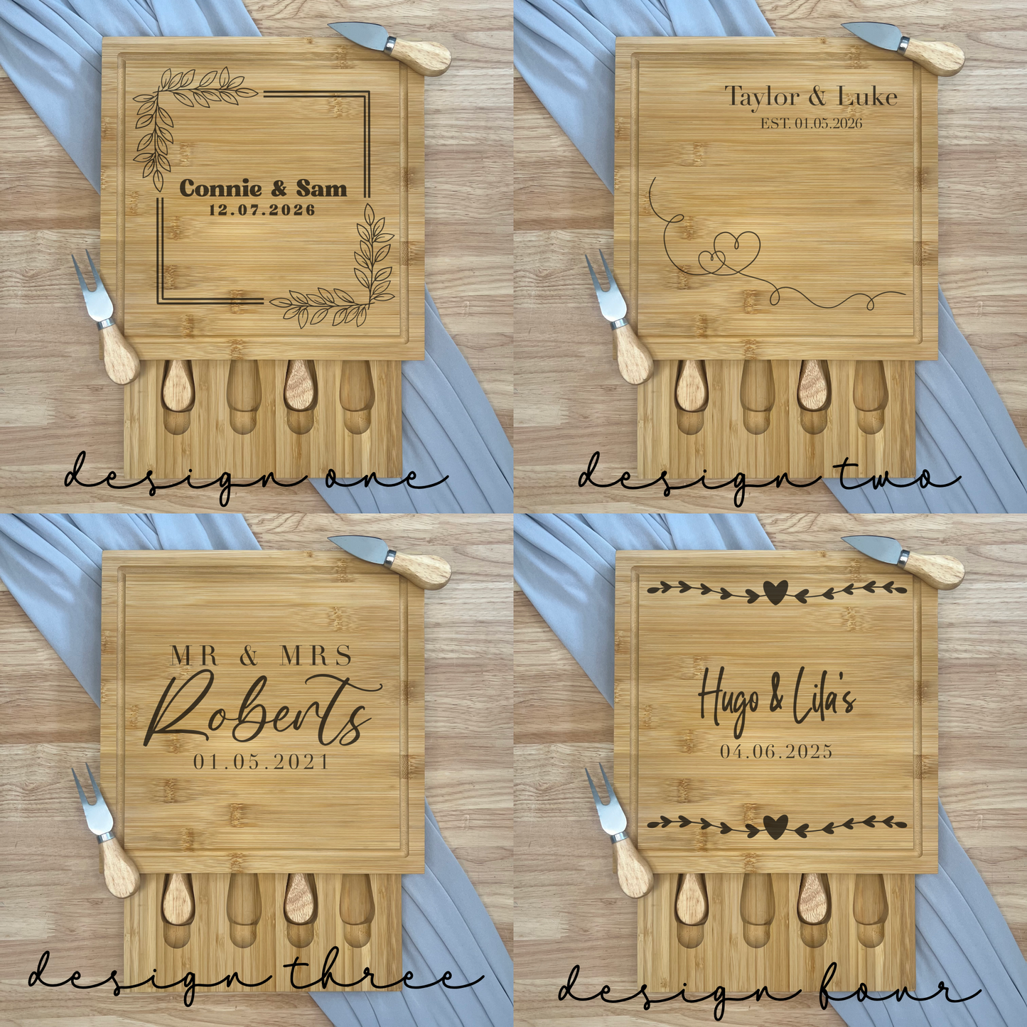 Square Personalised Cheese Board Set - Various Anniversary/Wedding Designs