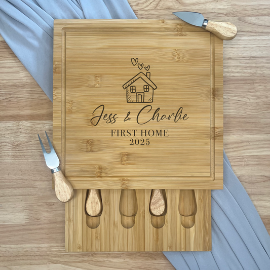 Square Personalised Cheese Board Set - New/First Home