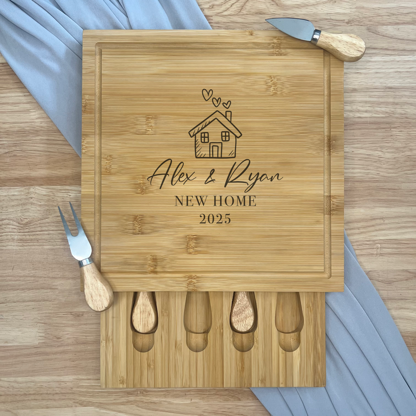 Square Personalised Cheese Board Set - New/First Home