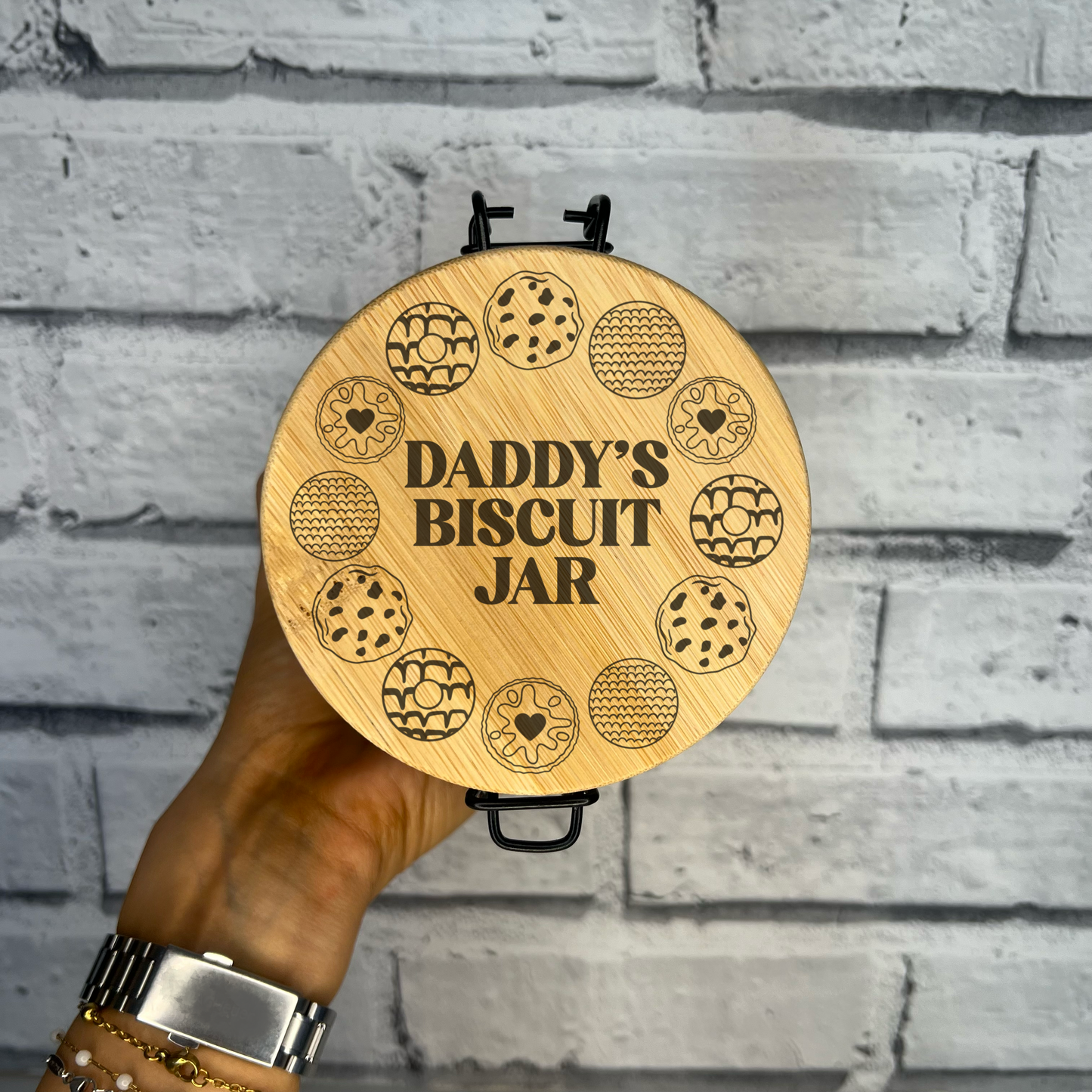 Glass Biscuit Jar With Personalised Laser Engraved Lid - Various Designs