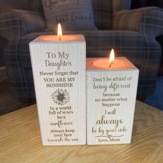 Set Of Two Wooden Tea Light Holder - To My Daughter