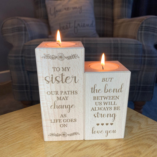 Set Of Two Wooden Tea Light Holder - To My Sister