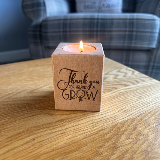 Thank You For Helping Us Grow - Short Wooden Tea Light Holder