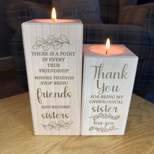Set Of Two Wooden Tea Light Holder - Friends Become Sisters
