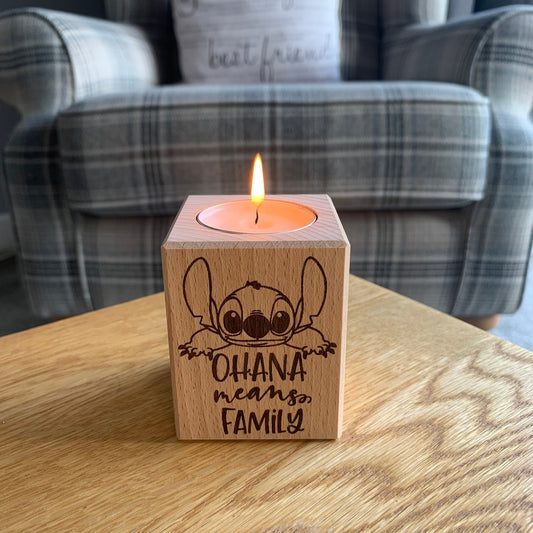 Ohana Means Family - Short Wooden Tea Light Holder