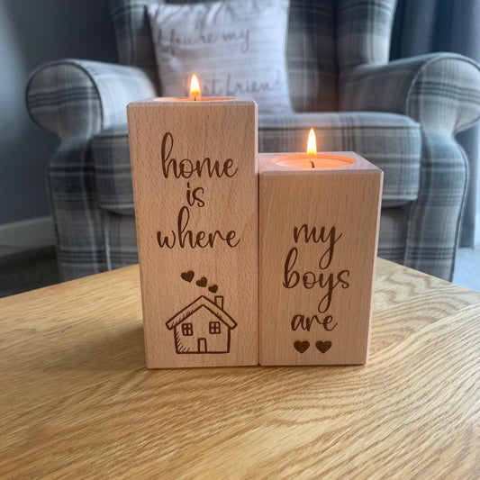Set Of Two Wooden Tea Light Holder - Home Is Where My Boys Are
