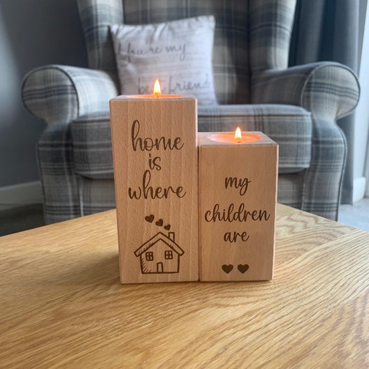 Set Of Two Wooden Tea Light Holder - Home Is Where My Children Are