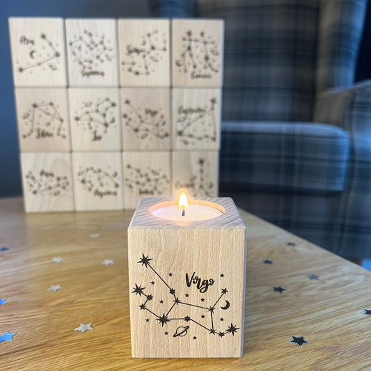 Personalised Zodiac Sign Candle - Short Wooden Tea Light Holder