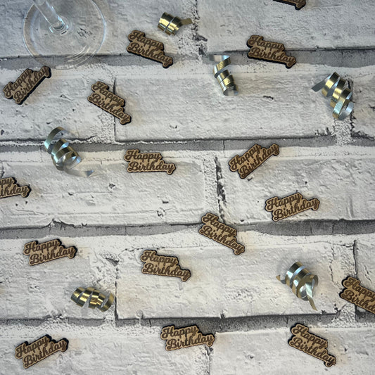 Wooden Table Confetti - Happy Birthday