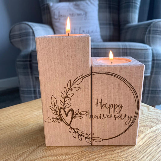 Set Of Two Wooden Tea Light Holder - Happy Anniversary - Circle
