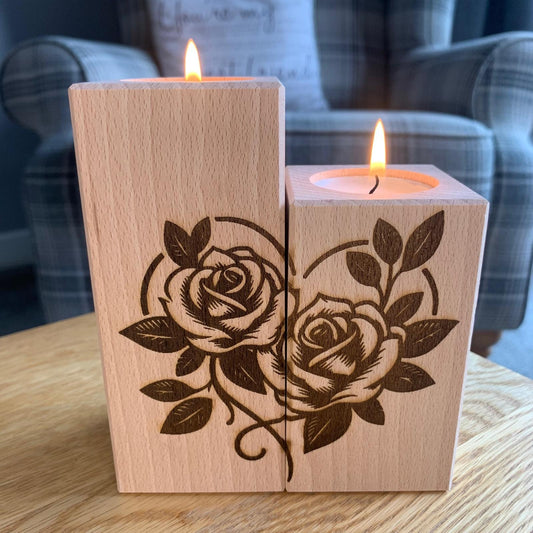 Set Of Two Wooden Tea Light Holder - Roses In Heart