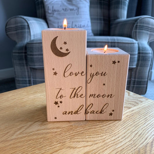 Set Of Two Wooden Tea Light Holder - Love You To The Moon and Back